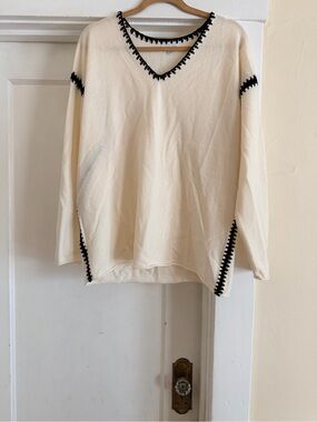 Johnny Was Wool/Cashmere Blend Cream Sweater with Black Trim Detailing
